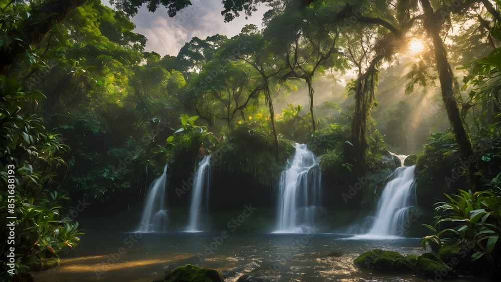 A lush green forest with a waterfall in the middle. The waterfall is surrounded by trees and the water is calm. The scene is peaceful and serene A lush green forest with a waterfall in the middle. The waterfall is surrounded by trees and the water is calm. The scene is peaceful and serene