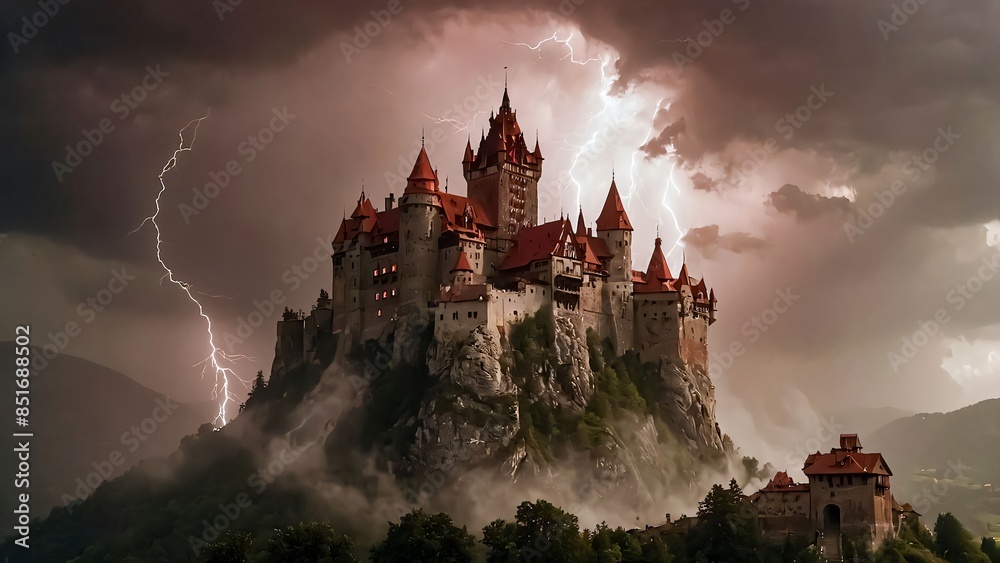 Mystical and spooky castle in the dark and in the fog A magical horror castle over the mountain, An ancient historical Dracula haunted castle horror castle for content Mystical and spooky castle in the dark and in the fog A magical horror castle over the mountain, An ancient historical Dracula haunted castle horror castle for content