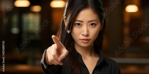An Asian woman hesitantly expresses doubt with a finger gesture. Concept Asian Woman, Doubt, Hesitant Expression, Finger Gesture photo