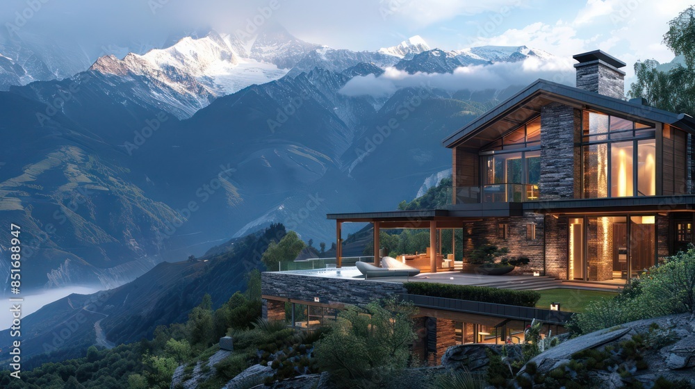 Blueprints of a luxurious mountain lodge with sustainable design and stunning views Blueprints of a luxurious mountain lodge with sustainable design and stunning views