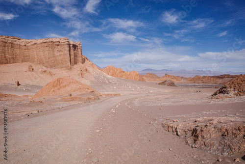 San Pedro de Atacama, Chile - Nov 29, 2023: Sand dunes and rock formations in the Valley of the Moon, Atacama Desert photo