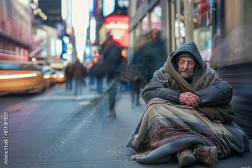 Homeless Man on Busy Street, Candid Street-Level Photograph