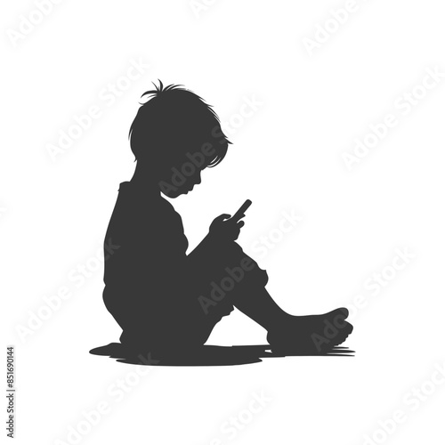 Silhouette of a Boy Sitting, Absorbed in Smartphone Screen, Isolated on White.