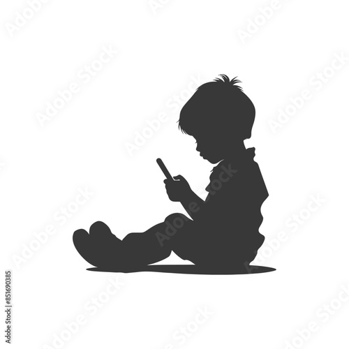 Silhouette of Boy Seated with Phone: Child's Digital Focus.