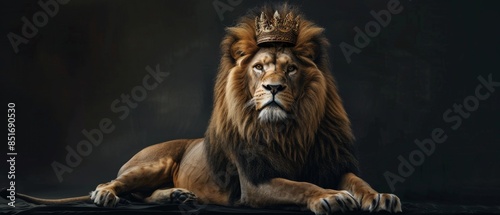 A noble lion adorned with a grand crown, lying majestically on a dark minimalist canvas, embodying strength and tranquility photo