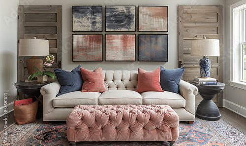 Living Room Interior with Capitone Sofa and Coffee Table with Decor and Flowers. Cozy and Comfy