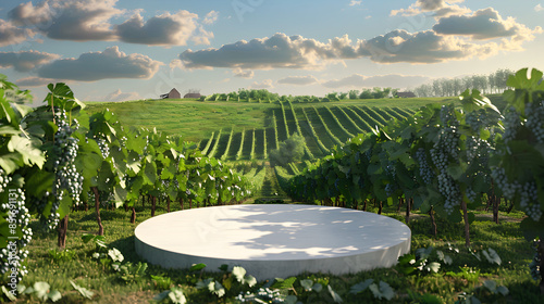 Serene White Podium in Vineyard Setting with Grapevines and Distant Farmhouse