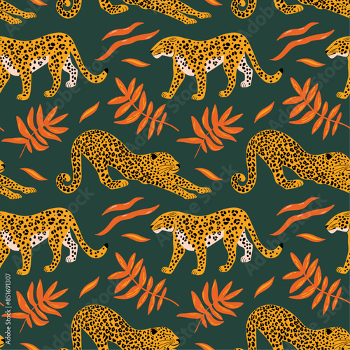 Photography Seamless vector pattern with cheetah, leopard cat and exotic tropical jungle pla