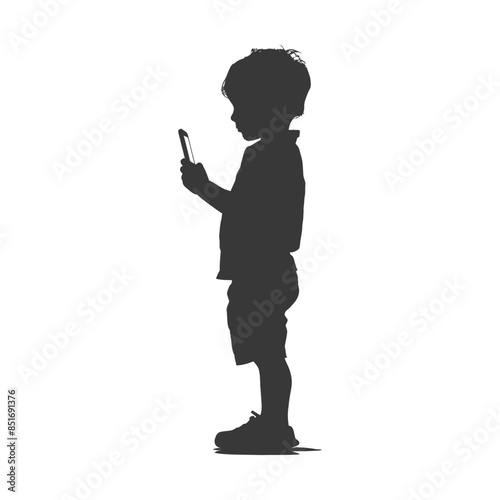 Child's Silhouette: Solemn Boy Focused on Smartphone Screen, Isolated Profile View.