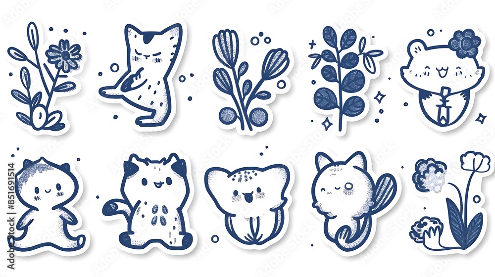 Cute Animal and Floral Sticker Set with Blue and White Colors and Playful Vibes Cute Animal and Floral Sticker Set with Blue and White Colors and Playful Vibes