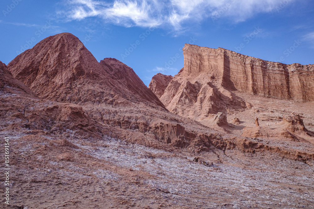 Fototapeta premium San Pedro de Atacama, Chile - Nov 29, 2023: Sand dunes and rock formations in the Valley of the Moon, Atacama Desert