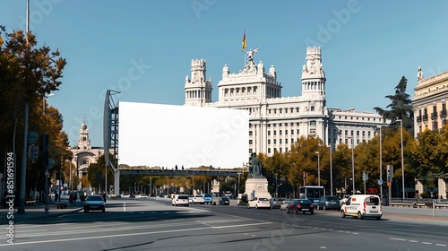 Blank billboard mockup in madrid with the cibeles palace in the background under a clear sky : Generative AI photo