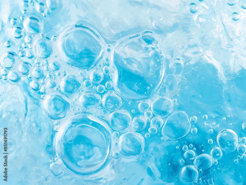 Close up blue oil gel cosmetic texture blue background with bubbles. Lemongrass gel skincare cosmetic product