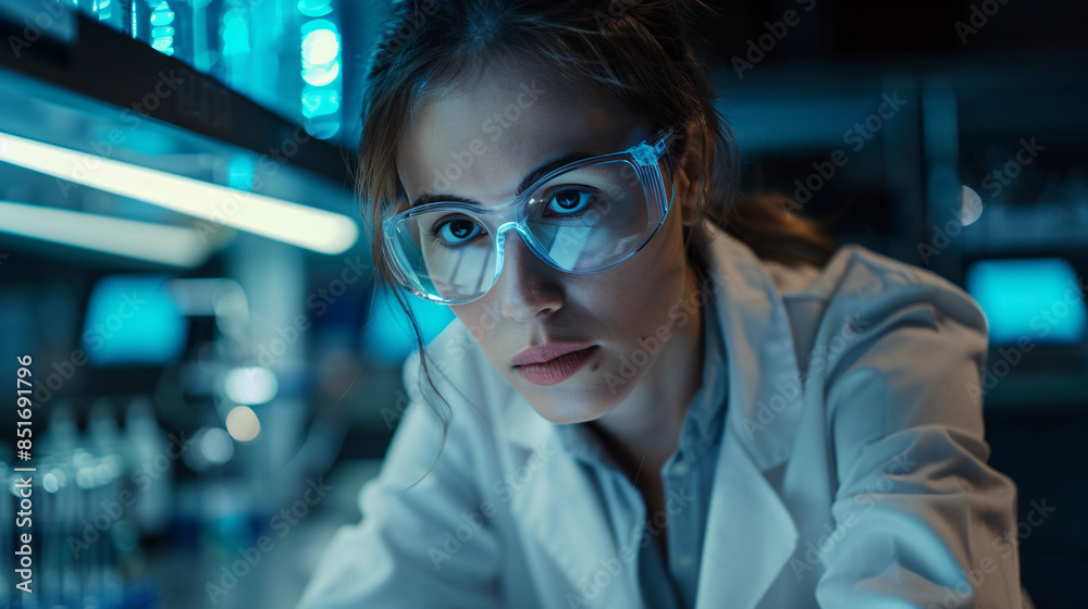 Female scientist researching the effects of a new drug in a clinical setting Female scientist researching the effects of a new drug in a clinical setting