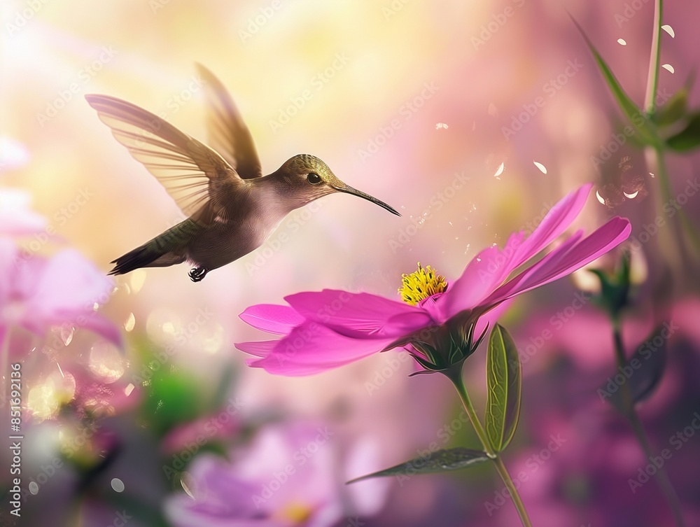 Glossy bird in flight. Hummingbird flying next to beautiful pink flower. Wildlife scene from nature Glossy bird in flight. Hummingbird flying next to beautiful pink flower. Wildlife scene from nature