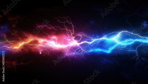 dramatic 3d rendering of a vivid lightning strike electrifying colored element on dark background © furyon