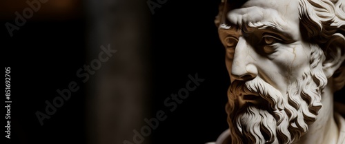 Close-up portrait marble bust serene stoic philosopher weathered