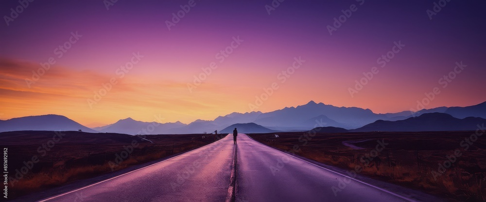 Fototapeta premium Lonely traveler silhouetted against a vast purple