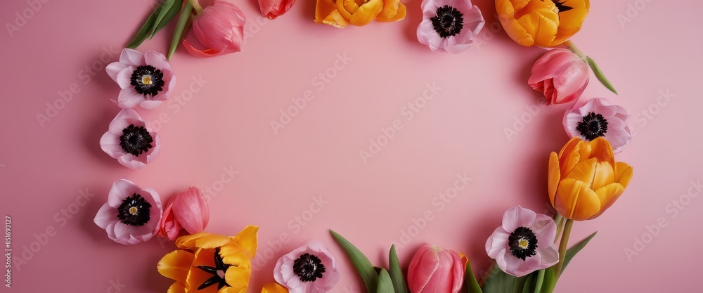 Modern and geometric flatlay of colorful tulips Modern and geometric flatlay of colorful tulips