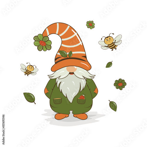 A children's drawing with a cute, funny dwarf and bees. Design for greeting card, poster, banner and more. Vector design