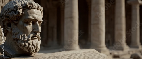 Solitary marble head stoic philosopher resting on ancient
