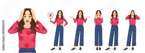 Young beautiful woman with curly hair in different poses showing negative emotions with different gestures. Isolated vector illustration collection