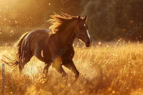 Energetic Horse Running in Sunlit Golden Field