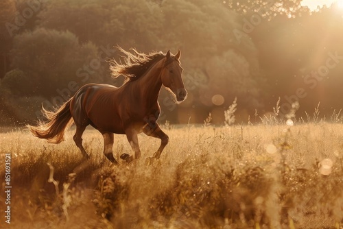 Graceful Brown Horse Running in Luminous Field