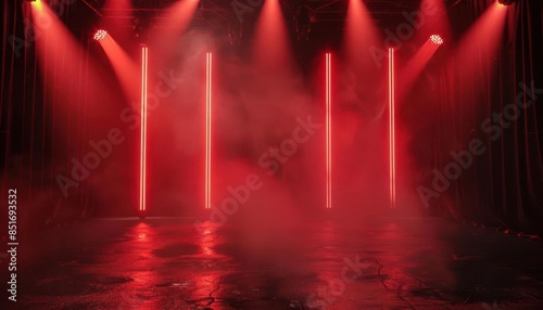 dramatic dark stage with red background and neon spotlights empty scene for product display