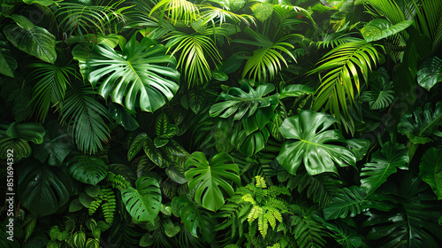 Monstera leaves and palm branches in a tropical garden with bright sunlight
