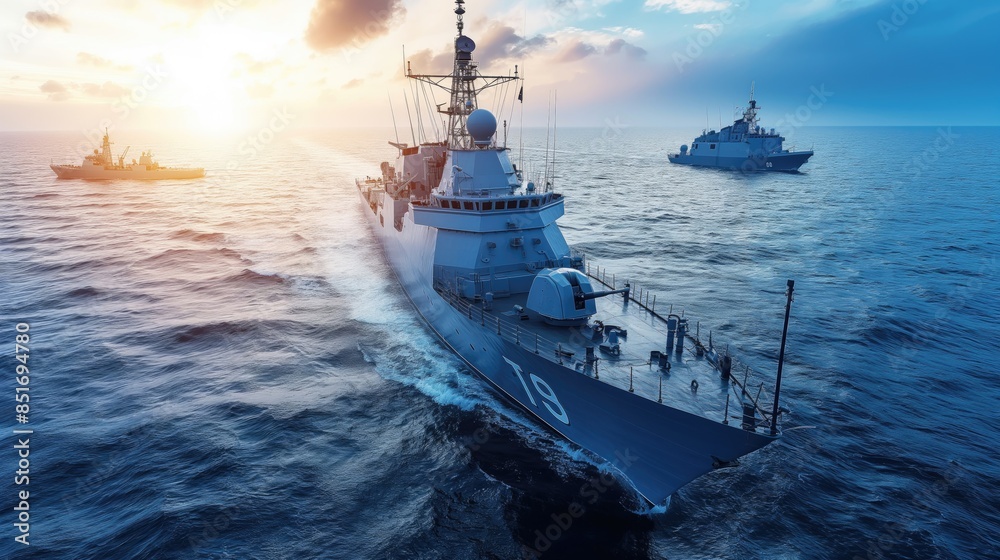 Fototapeta premium Modern Naval Warships at Sea During Sunset with Dramatic Clouds and Blue Ocean Waves.