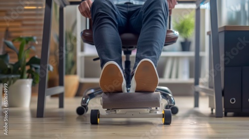 Close-up of a person's feet resting on a footrest under a desk in an office setting, emphasizing comfort and ergonomics in the workplace.