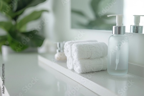 A minimalist lotion dispenser in a frosted glass design, placed on a clean, white bathroom shelf