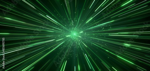 Dark green background with light rays and glow, green lines, laser effect and speed motion background