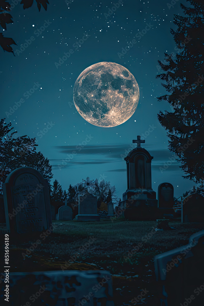 Naklejka premium a full moon over a graveyard