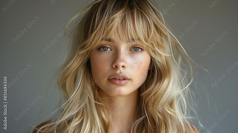 HD Quality Woman Portrait Close Up with Hair Style and Clear Skin. Lips, Freckles, Bangs, Eyes, EyeLashes. Simple Clean Background HD Quality Woman Portrait Close Up with Hair Style and Clear Skin. Lips, Freckles, Bangs, Eyes, EyeLashes. Simple Clean Background