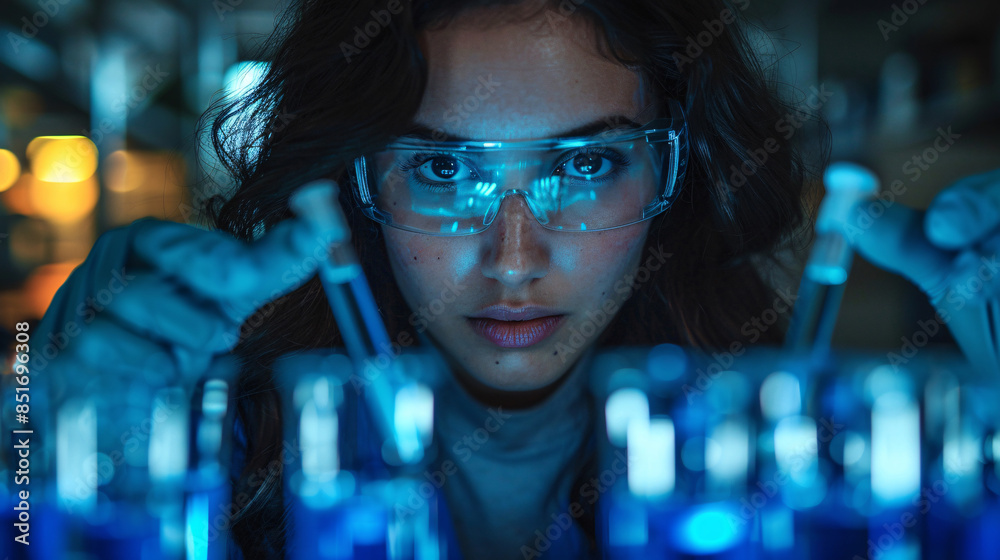 Professional woman conducting research on antiviral treatments in a lab Professional woman conducting research on antiviral treatments in a lab