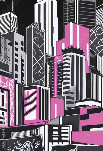 Modern Cityscape Illustration With Black, White, and Pink Line Art