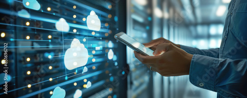 Wallpaper Mural A tech worker operates a tablet to manage data in a server room with graphic cloud elements Torontodigital.ca