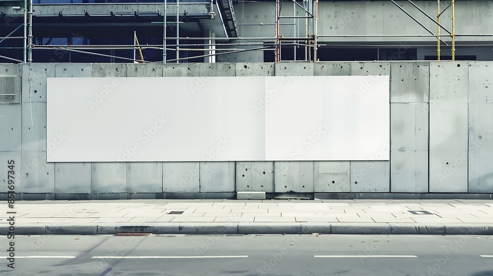 Naklejka premium Blank long white hoarding with space for mockup information located in front of construction site with closed scaffold : Generative AI