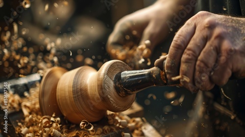 Close-up of hands crafting a wooden piece on a lathe, with wood shavings flying, showcasing the artistry and precision in woodworking. photo