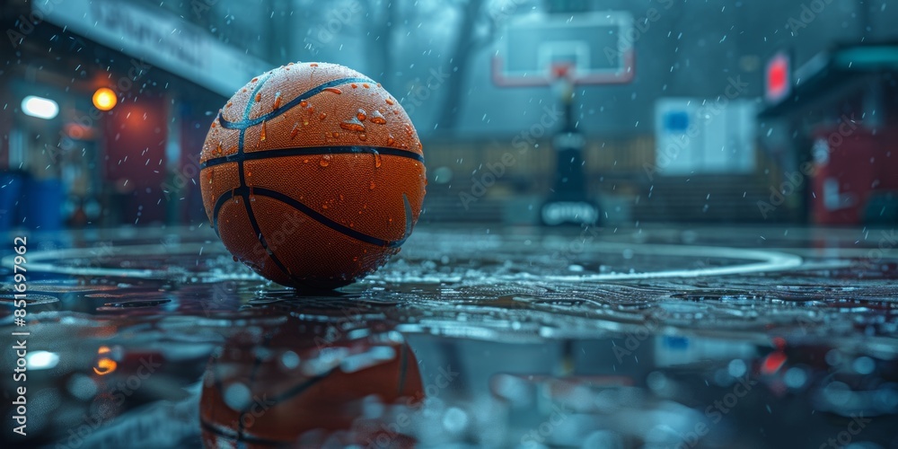 basketball ball on a floor of basketball arena, low angle, dim lights, dark blue atmosphere basketball ball on a floor of basketball arena, low angle, dim lights, dark blue atmosphere