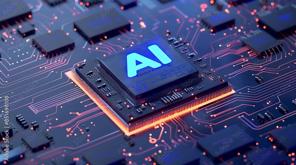 Futuristic AI Processor on a High-Tech Circuit Board with Digital Glow Futuristic AI Processor on a High-Tech Circuit Board with Digital Glow