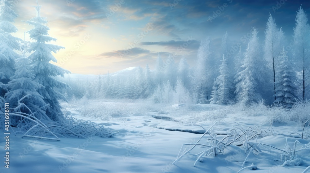 Frosty winter landscape in snowy forest Christmas background Frosty winter landscape in snowy forest Christmas background