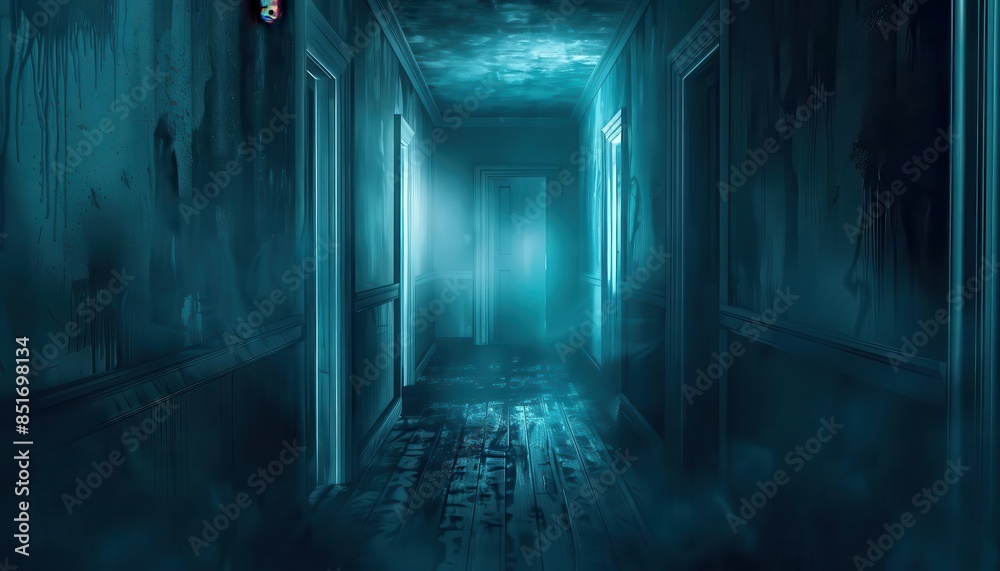 eerie horror hallway with dim lighting unsettling shadows and silhouettes spooky background illustration