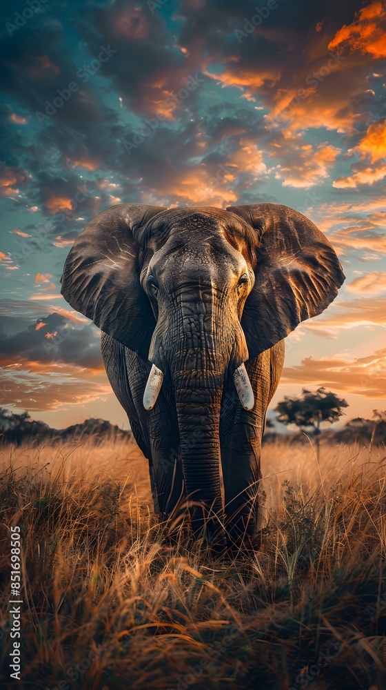 Fototapeta premium Majestic Elephant in a Dramatic Grassland Landscape with Stunning Sky