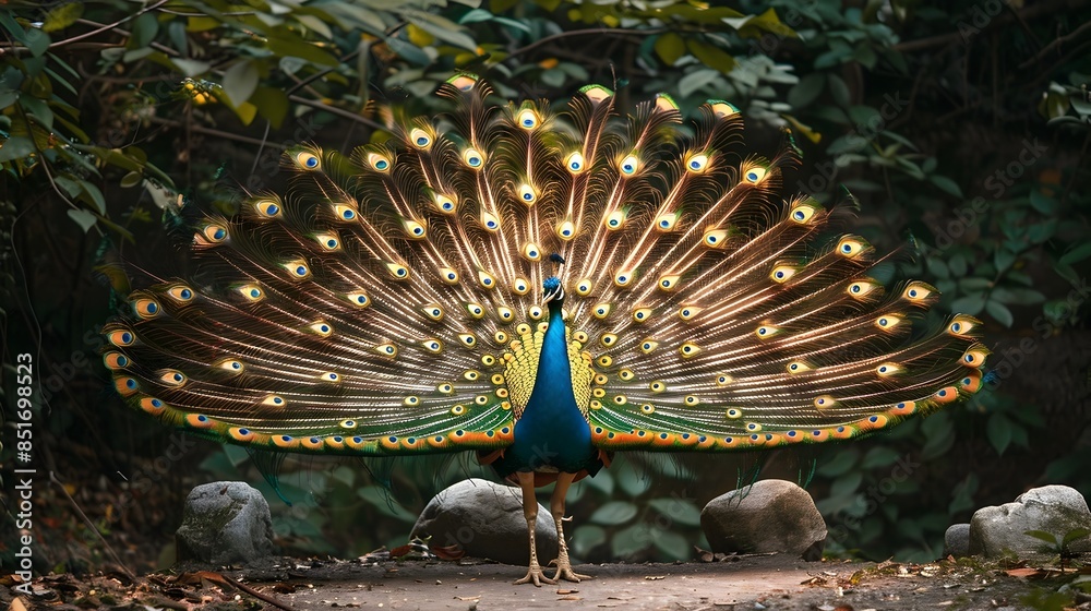 Obraz premium Proud Peacock with Magnificent Tail Feathers in Full Fan Display Wildlife Portrait Concept with Copy Space