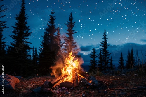 Cozy Campfire in Mountain Wilderness at Night