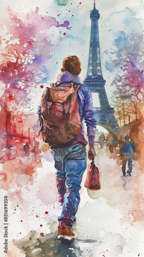Obraz premium Wanderlust in Watercolor: Paris Traveler as a Tourist