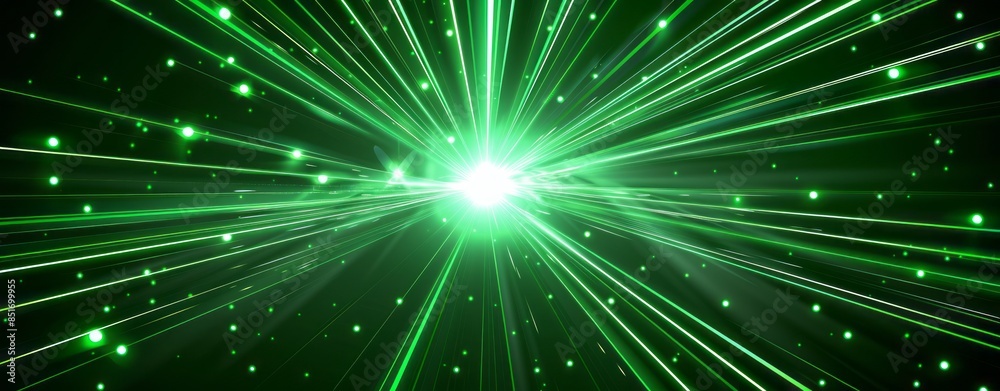 Obraz premium Dark green laser beams background. Abstract light effect with rays of neon glow on black backdrop